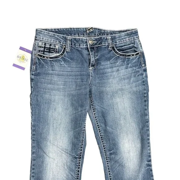 Soundgirl Jeans Juniors 17 Blue Bootcut Studs Bling Thick Stitch Fluer De Lis - Picture 6 of 16